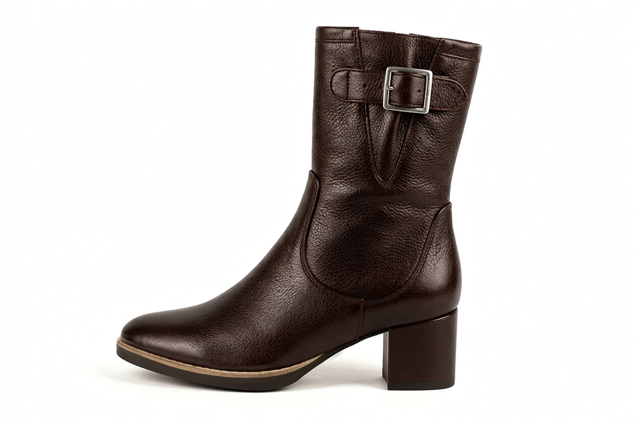 Classic leather ankle boots featuring adjustable side buckles and sleek hardware for secure support and timeless everyday style, in dark brown leather with round toe and mid block heel - Florence KOOIJMAN